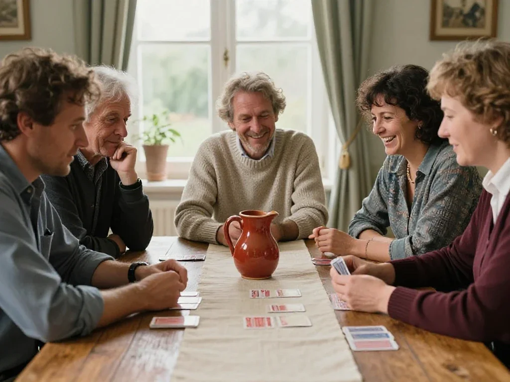 Adultes d'origine européenne jouant aux cartes illustrant les interactions sociales au cœur du quotidien.