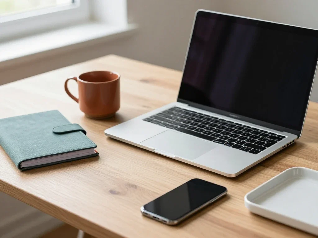 Outils numériques et carnet de notes sur un bureau lumineux pour organiser ses choix quotidiens.