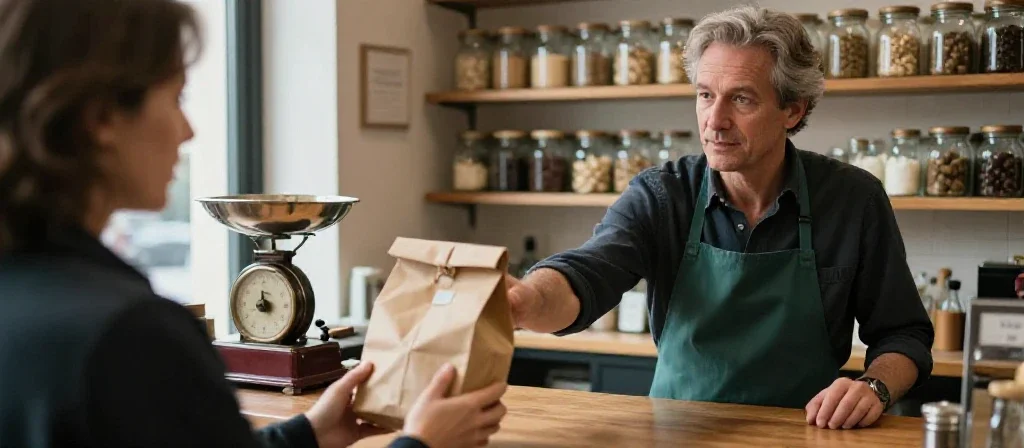 Un commerçant français échange avec un client dans une boutique de quartier chaleureuse.