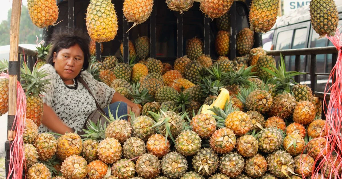 Une femme vend des ananas dans un marché en plein air à Sumatra Nord, Indonésie.