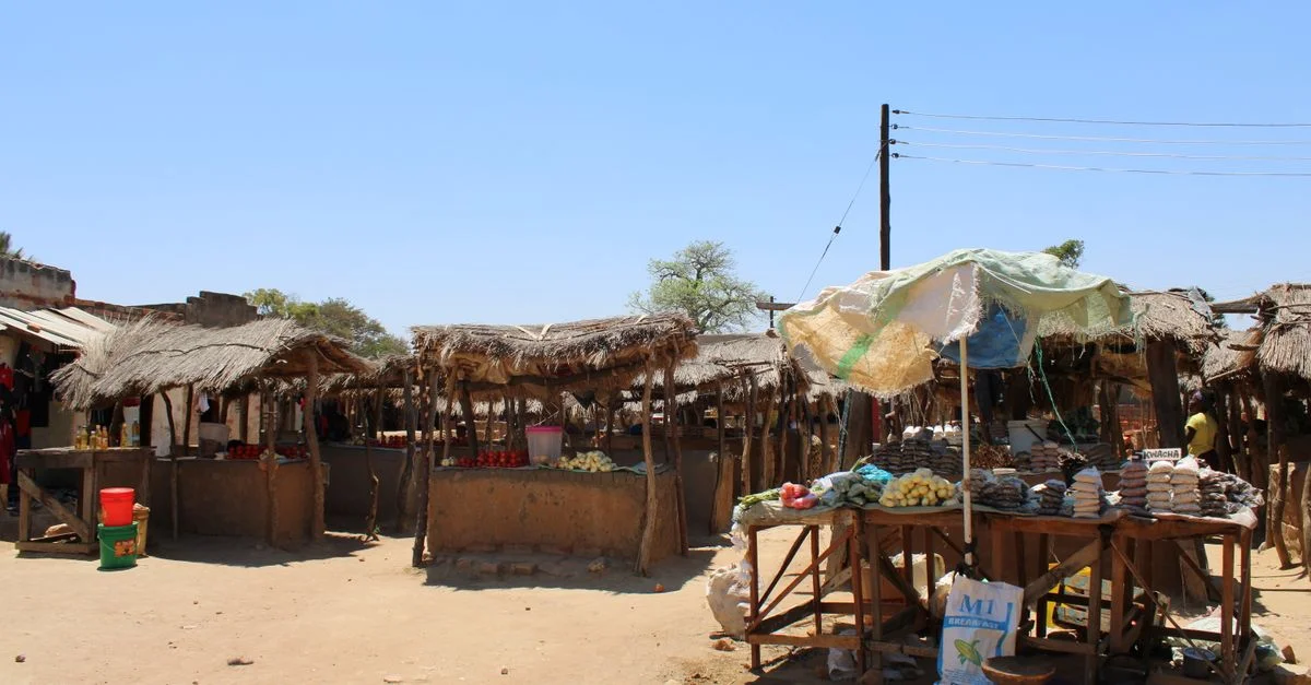 Découvrez l'atmosphère vibrante d'un marché traditionnel en Zambie rurale, immortalisée par une journée ensoleillée.
