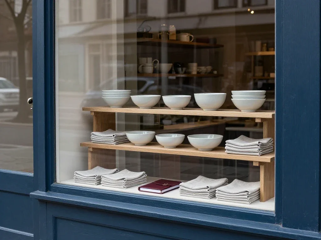 Vitrine d'une boutique locale présentant des objets artisanaux pour illustrer l'importance du choix quotidien.