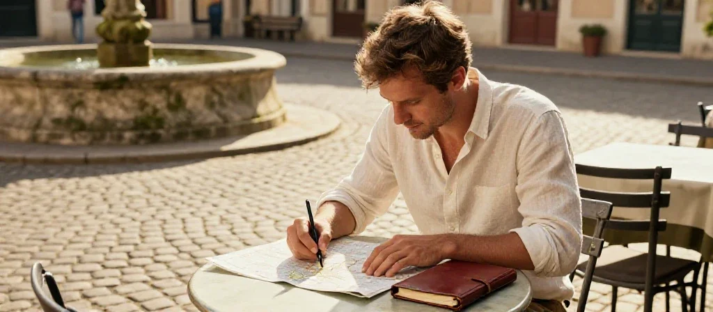 Voyageur en Provence consultant une carte pour préparer son itinéraire touristique.